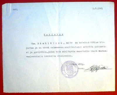 Todistus / Puolustusvoimat 1941