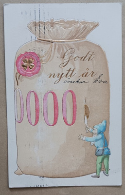 Tonttu viiltää auki kultarahasäkkiä, Uusi Vuosi, p. 1908