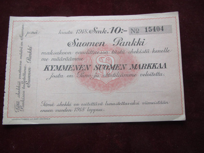 10 Suomen markkaa. Suomen pankki. Shekki 1918