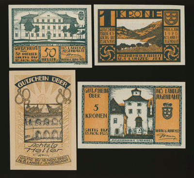 Itävalta Notgeld 50, 80 Heller, 1, 5 Kronen, Wien 1920