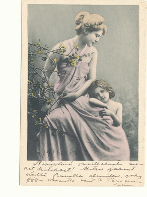 Äiti ja tytär - vanha Carte Postale, kulk. 1904