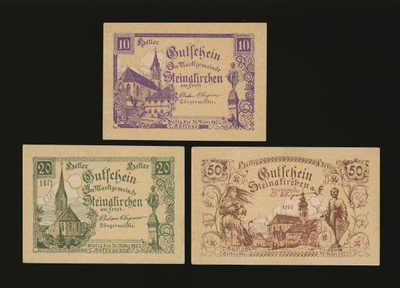 Itävalta Notgeld 10, 20, 50 Heller, Steinakirchen