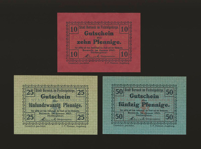 Saksa Notgeld 10, 25, 50 Pfennig, Berneck 1917