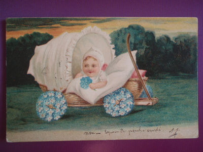 Lapsi vaunuissa lemmikit kädessä WANHA 1907