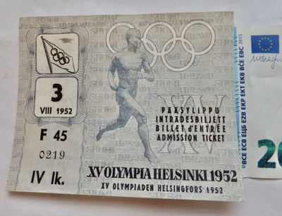 VANHA Pääsylippu Helsinki 1952 Olympia Päättäjäiset 3.8.1952