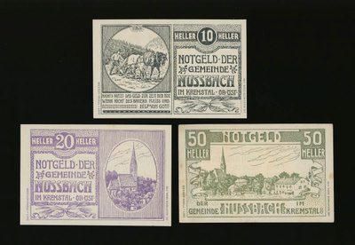 Itävalta Notgeld 10, 20, 50 Heller, Nussbach 1920