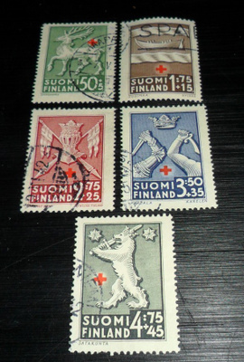 PUNAINEN RISTI 1942 LAPE 254-258 PYÖRÖ LEIMATTUINA SARJA.