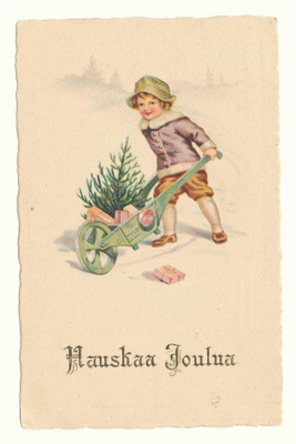 Pojalla kuusi kärryissä - vanha joulukortti