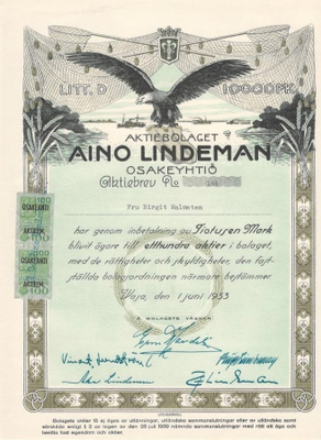 OKK 1953 Kalastustarvikeyhtiö Aino Lindeman Oy, Vaasa osake