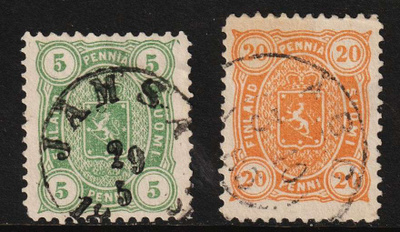 1885 5p ja 20p Vaakunamerkit leimattuina