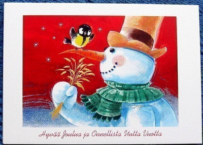 Lumiukko ja talitiainen Joulukortti