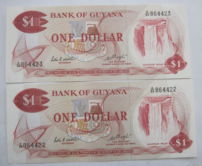 2 Seteliä Guyana 1 Dollar Pakkasileät Numerot Peräkkäin