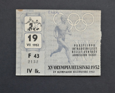Olympia 1952 Helsinki pääsylippu jalkapallo avajaispäivä