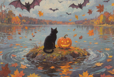 Halloween musta kissa katselee järvelle