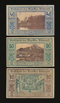 Itävalta Notgeld 40, 60, 80 Heller, Admont 1920 VF