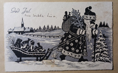 Pukki tuo kuusen, säkillä sekä reellä lahjoja, hopeoitu 1941