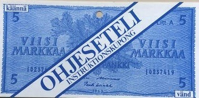 5 markkaa Leikkiraha mainos