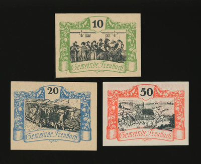 Itävalta Notgeld 10, 20, 50 Heller, Treubach 1920