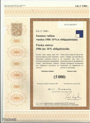 Suomen valtion 1986 10 %:n obligaatiolaina (5000 mk)