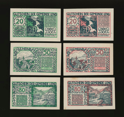 Itävalta Notgeld 2x20, 2x50, 2x80 Heller, Lend 1920