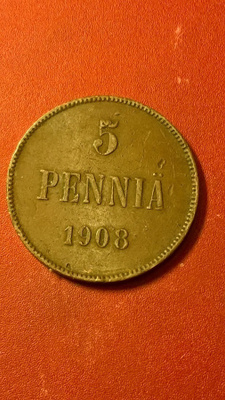 * 5 penni Cu Nikolai  II  1908 *hyvä