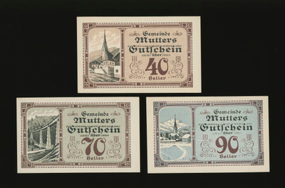 Itävalta Notgeld 40, 70, 90 Heller, Mutters 1920