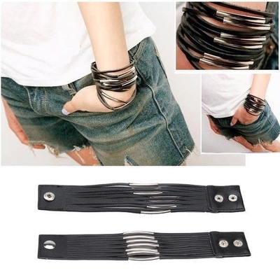 636 .. Fashion Multi-layer Leather Musta .. Rannekoru