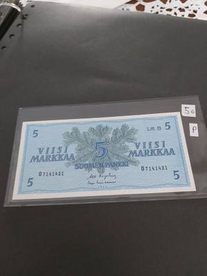 Pakka sileä 5mk Litt.B seteli 1963