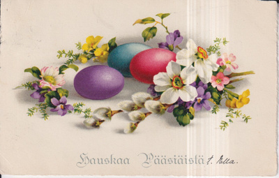Hauskaa Pääsiäistä. Kolme munaa, kukkia ,     e126