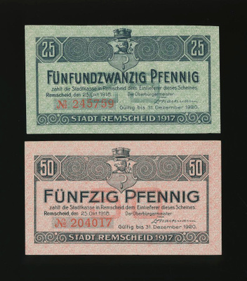 Saksa Notgeld 25, 50 Pfg, Remscheid 1918