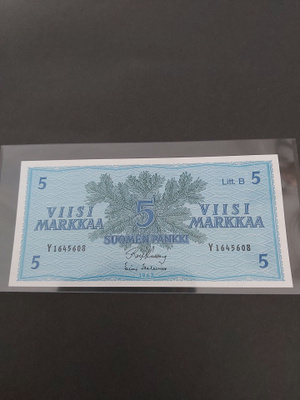 Pakka sileä 5mk Litt.B seteli 1963