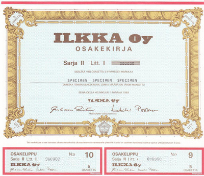 OKK 1989 Ilkka Oy spec, Seinäjoki pörssi osakekirja