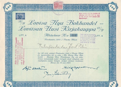 OKK 1943 Loviisan Uusi Kirjakauppa Oy, Loviisa osakekirja