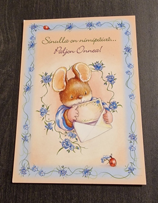 Onnittelukortti/ nimipäiväkortti, kulkenut postikortti