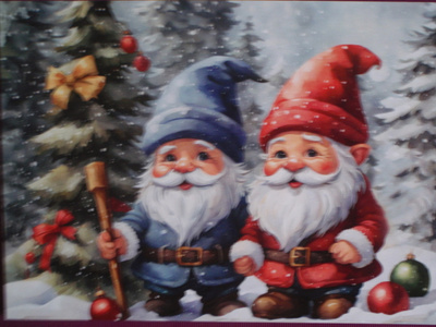 Tontut metsässä koristelemassa kuusta
