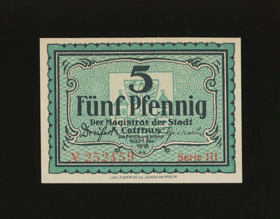 Saksa Notgeld 5 Pfennig, Cottbus