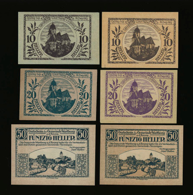 Itävalta Notgeld 2x10, 2x20, 2x50 Heller, Wartberg 1921