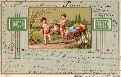 Vanha pääsiäiskortti-cupidot, lammas ja munakuorma, koho