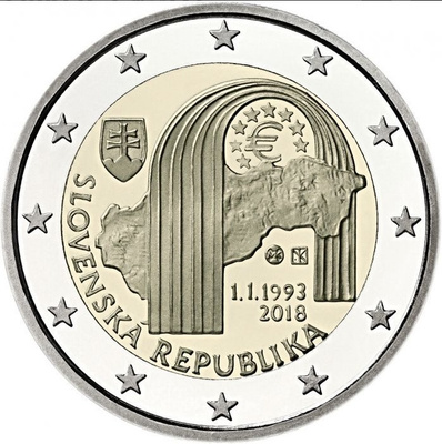 ** SLOVAKIA 2€ 2018 Slovakian tasavalta 25 v. pillerissä **