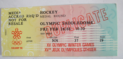 Pääsylippu Calgary Olympia 1988 Lehdistö Jääkiekko Hockey
