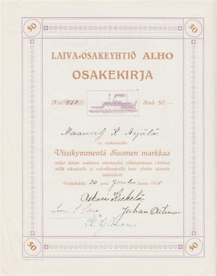 OKK 1920 Laivayhtiö ALHO Oy, Vesilahti osakekirja