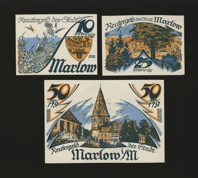 Saksa Notgeld 10, 25, 50 Pfg, Marlow 1922