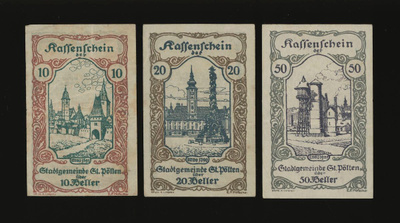 Itävalta Notgeld 10, 20, 50 Heller, St. Pölten VF
