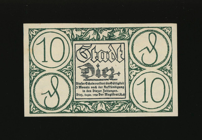 Saksa Notgeld 10 Pfennig, Diez 1920