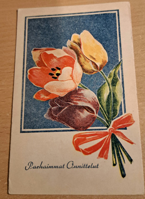 kukkakortti, tulppaanikimppu,  kulkenut 1943