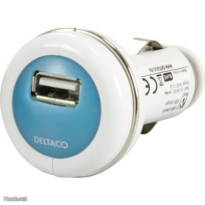 Deltaco USB minilaturi autoon, USB A naaras, 2.1A, valk.UUSI