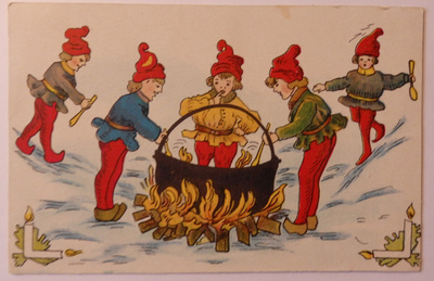 Tontut valmistavat joulupuuroa, postikortti kulk. 1920