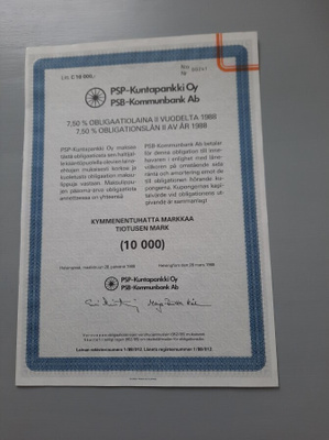 obligaatio PSP-kuntapankki 7,50% laina II 1988 10.000