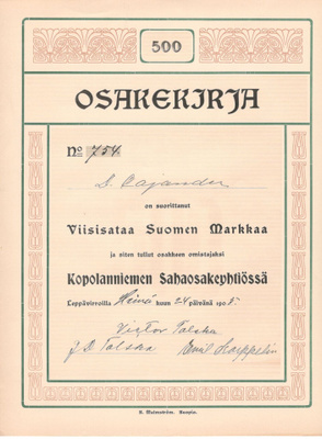 OKK Osakekirja Kopolanniemen Sähköosakeyhtiö 1905 Leppävirta