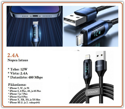 USB A - Lightning data/latauskaapeli digitaalinäyttö/1 metri